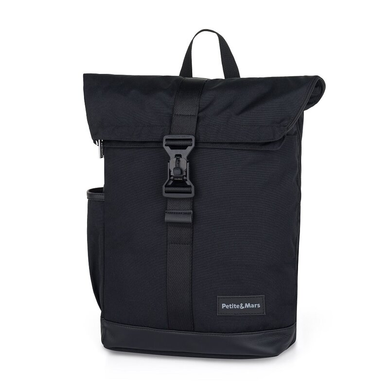 Rucsac pentru mamici, Petite&Mars, Jakob, Cu 8 compartimente, Cu buzunar termic, Saltea de infasat inclusa, 30 x 46 x 15 cm, Absolute Black