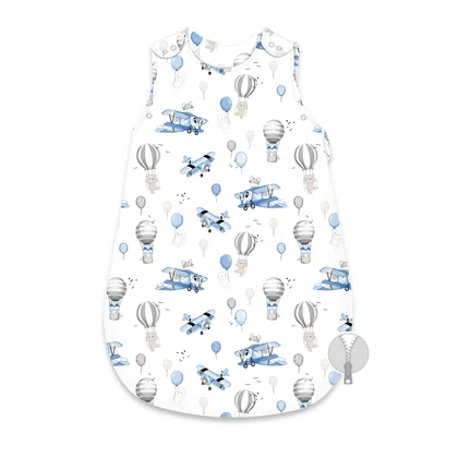 Sac de dormit, MimiNu, Pentru bebelusi, De iarna, Din bumbac certificat Oeko Tex Standard 100, Cu fermoar lateral, Cu capse pe umar, 74 cm, 0 - 6 luni, 2.5 Tog, Blue Plane
