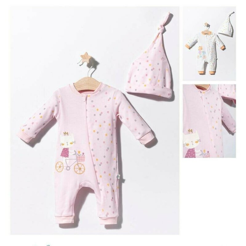 Tongs baby - salopeta cu bulinute cu caciulita pentru bebelusi cats, (culoare: somon, marime: 6-9 luni)