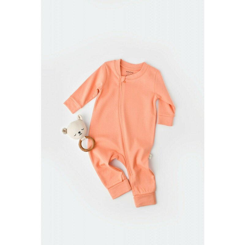 Babycosy - salopeta cu fermoar cu maneca lunga si panataloni lungi - 100%bumbac organic - roz piersica, (marime: 9-12 luni)