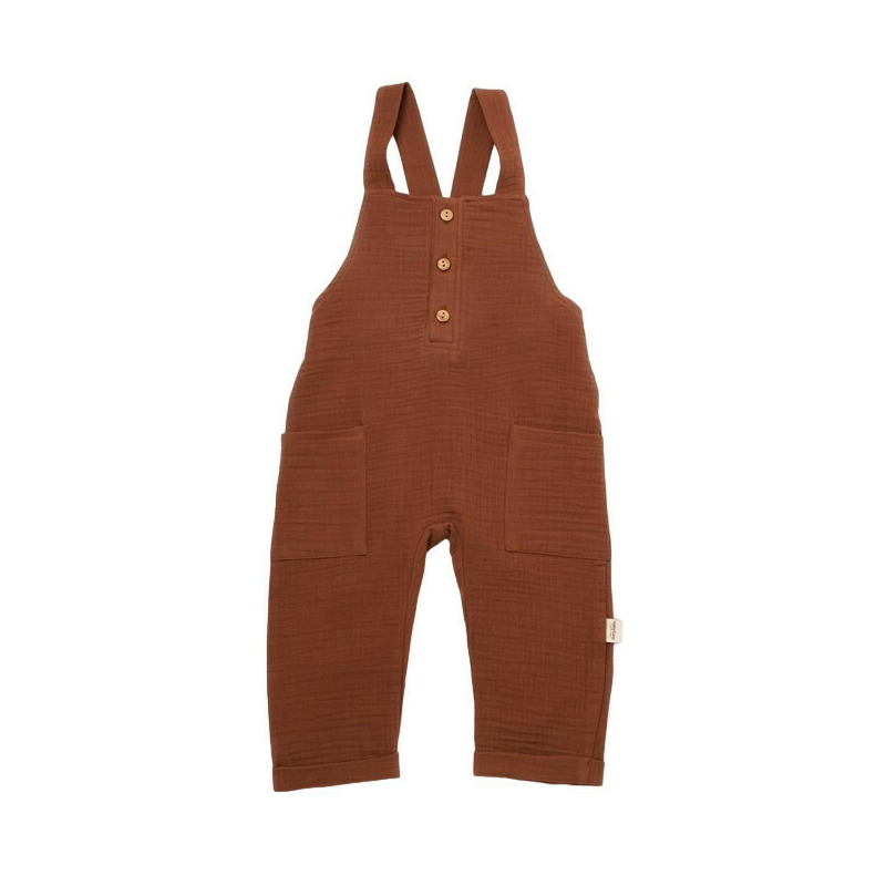 Salopeta de vara cu buzunare din muselina, babycosy, 100% bumbac organic, caramiziu (marime: 18-24 luni)