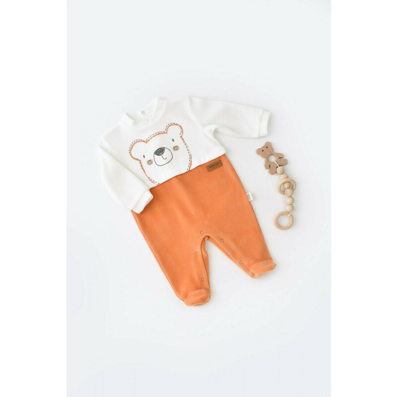 Babycosy - Salopeta Ursulet cu maneca lunga si botosei din 80%bumbac organic si 20% poliester - Portocaliu, Baby Cosy (Marime: 3-6 Luni)