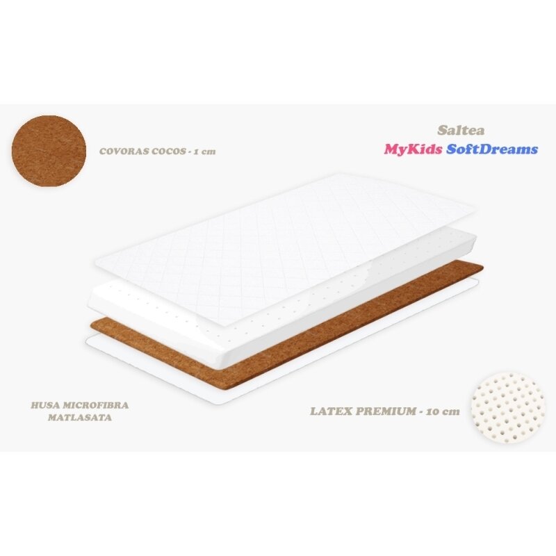 Mykids - saltea pentru patut softdreams , 2 in 1 din microfibra, 120x60 cm, 11 cm cocos-latex, alb