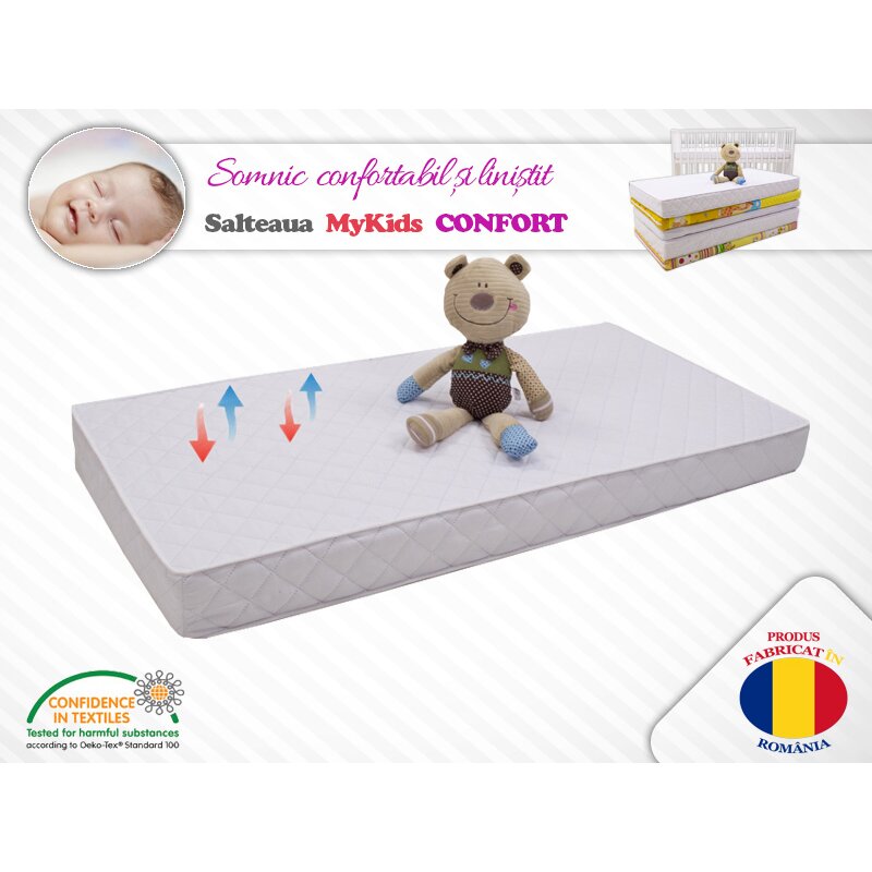 MyKids - Saltea pentru patut Confort II din Bumbac, 100x50 cm, 12 cm Cocos-Spuma-Cocos, Alb