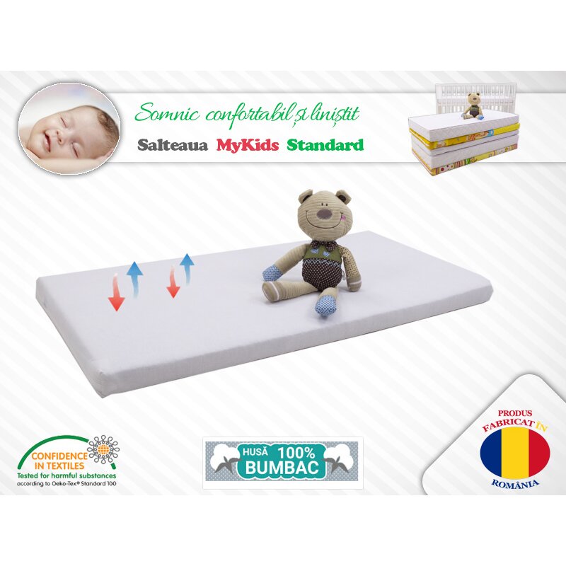 MyKids - Saltea pentru patut Standard I din Bumbac, 120x60 cm, 7 cm Cocos-Spuma-Cocos, Alb