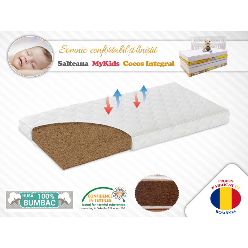 Mykids - saltea fibra de cocos integral 140x70x8 husa bumbac matlasat