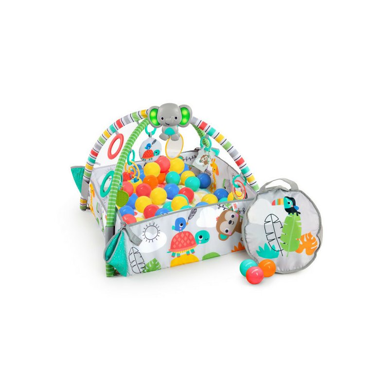 Salteluta interactiva, Bright Starts, 5 in 1, Cu arcada jucarii detasabila si bile, 5 moduri de joaca, 111x100x46 cm, 0 luni+, Albastru