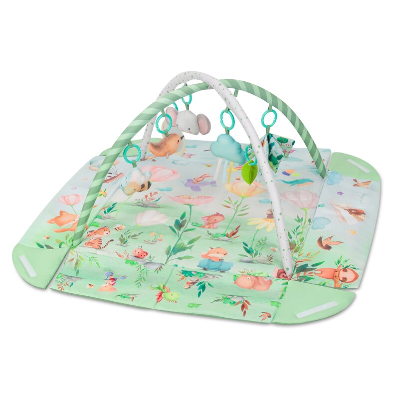 Salteluta interactiva, Lionelo, Inga, 7 jucarii senzoriale, detasabile, fosnaitoare, 116x112 cm, Lavabila la masina de spalat, Multicolor