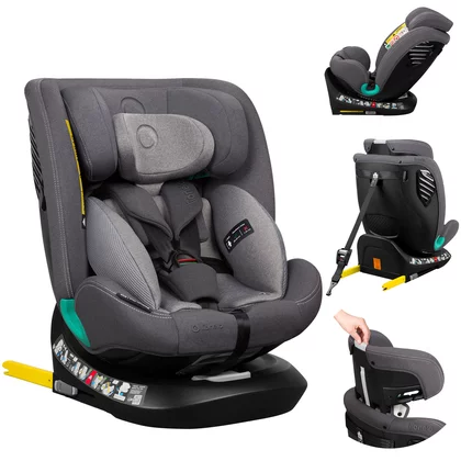 Scaun auto, Lionelo, Bastiaan One i-Size, 4 in 1, Protectie laterala, Cu spatar inclinabil in 4 pozitii, Cu tetiera reglabila in 13 pozitii, Rotire 360 grade, Top Tether, 0-36 Kg, 40-150 cm, Cu Isofix, Conform cu ECE R129, Gri