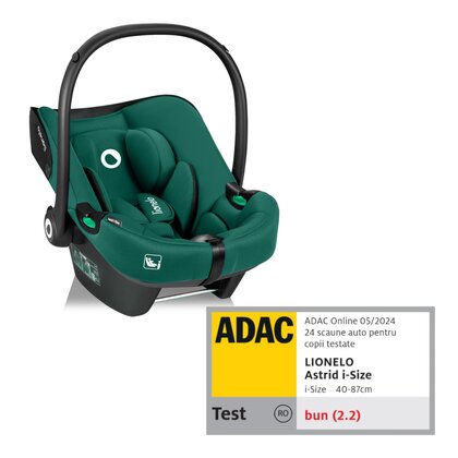 Scoica auto, Lionelo, i-Size Astrid, 0-13 Kg, 40-87 cm, Cu maner si capotina reglabile, Cu protectie laterala avansata, Salteluta confortabila,  Testat ADAC, Conform cu standardul european de securitate R129, Verde