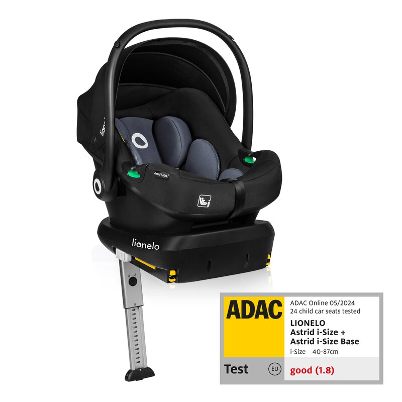 Scoica auto, Lionelo, i-Size Astrid, Include baza Isofix, 0-13 Kg, 40-87 cm, Cu maner si capotina reglabile, Cu protectie laterala avansata, Salteluta confortabila, Testat ADAC, Conform cu R129, Negru/Gri