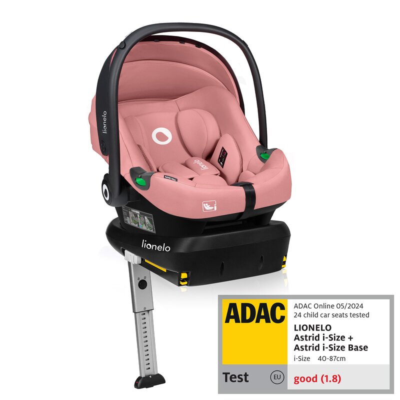 Scoica auto, Lionelo, i-Size Astrid, Include baza Isofix, 0-13 Kg, 40-87 cm, Cu maner si capotina reglabile, Cu protectie laterala avansata, Salteluta confortabila, Testat ADAC, Conform cu R129, Roz