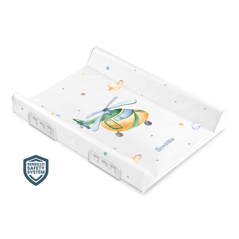 Sensillo - salteluta de infasat cu intaritura, include 4 picioare de montare, 50x70 cm, conform standardelor europene de securitate en12221-1, en12221-2, fara bpa, 0 luni+, sky helicopter, alb
