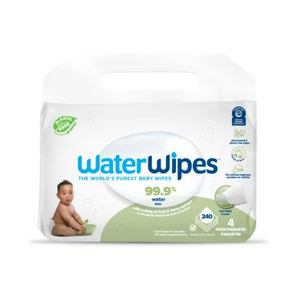 Set 4 pachete servetele umede, Water Wipes, Pentru bebe, Biodegradabile, Apa, extract de fructe si extract arbore de sapun, 60 de bucati/pachet, Pentru ingrijire 100% naturala, Fara alcool, plastic si parfum, 240 bucati