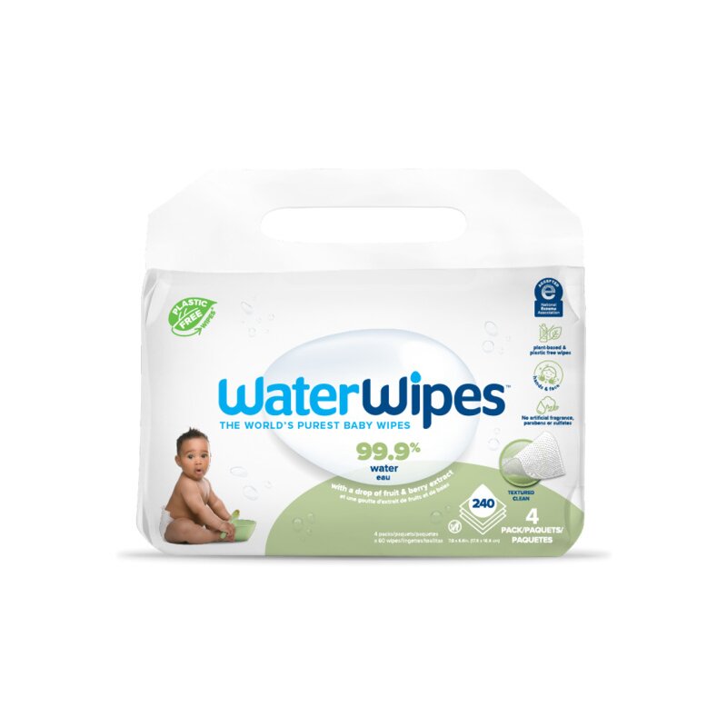 Set 4 pachete servetele umede, Water Wipes, Pentru bebe, Biodegradabile, Apa, extract de fructe si extract arbore de sapun, 60 de bucati/pachet, Pentru ingrijire 100% naturala, Fara alcool, plastic si parfum, 240 bucati