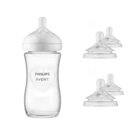 Set 1 x biberon anticolici, Philips Avent, Natural Response, Din sticla, 240 ml, +1 luna+ 4 x tetine cu debit 4 (mediu), 3 luni+