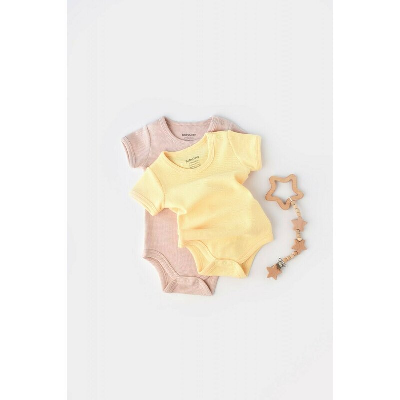 Babycosy - Set 2 body-uri bebe unisex -100% bumbac organic - Galben/Roz, Baby Cosy (Marime: 18-24 Luni)