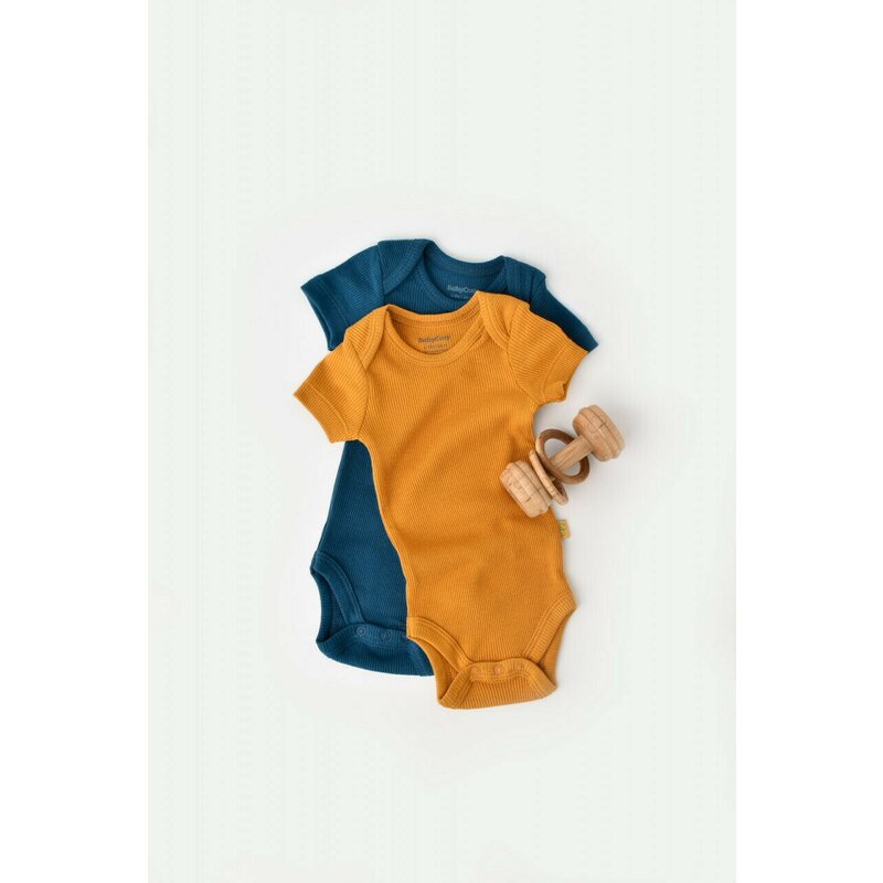 Babycosy - Set 2 body-uri bebe unisex din bumbac organic si modal - Bleumarin/Sofran, Baby Cosy (Marime: 18-24 Luni)