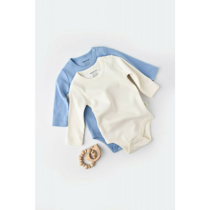 Babycosy - Set 2 body-uri cu maneca lunga bebe unisex -100% bumbac organic - Ecru/Bleu, Baby Cosy (Marime: 12-18 Luni)