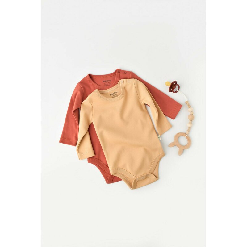 Set 2 body-uri cu maneca lunga bebe unisex -100% bumbac organic - Mustar/Scoartisoara, Baby Cosy (Marime: 12-18 Luni)