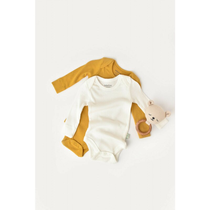 Babycosy - Set 2 body-uri cu maneca lunga bebe unisex din bumbac organic si modal - Mustar/Ecru, Baby Cosy (Marime: 9-12 luni)