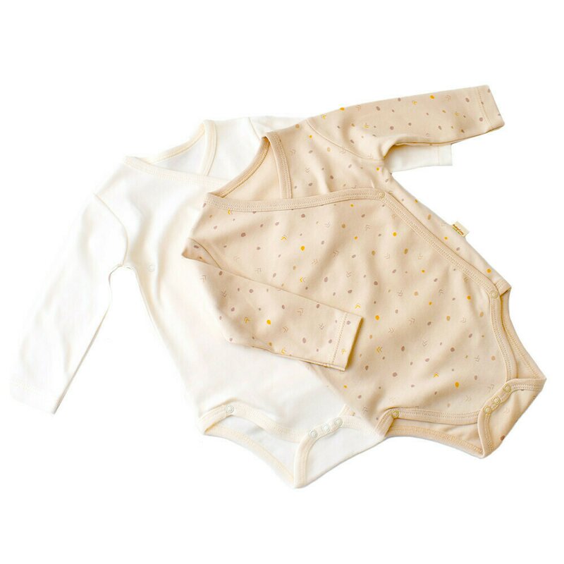 Set 2 body-uri cu maneca lunga petreceute bebe unisex -100% bumbac organic - Crem cu buline, Baby Cosy (Marime: 0-3 Luni)