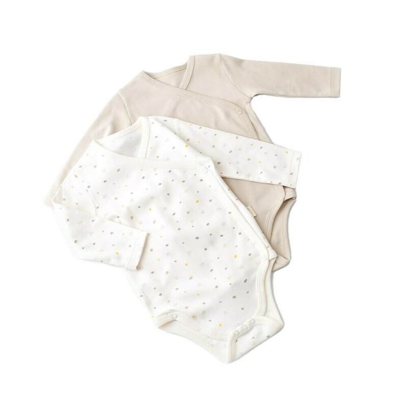 Set 2 body-uri cu maneca lunga petreceute bebe unisex -100% bumbac organic - Ecru cu buline, Baby Cosy (Marime: 0-3 Luni)