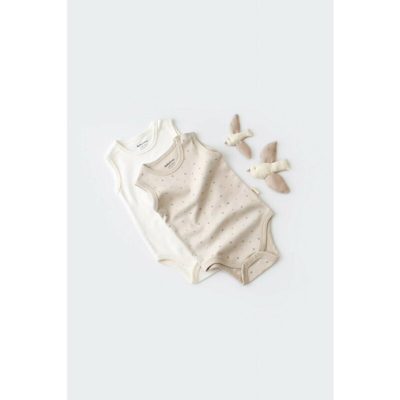 Babycosy - Set 2 body-uri fara maneci bebe unisex -100% bumbac organic - Crem cu buline, Baby Cosy (Marime: 18-24 Luni)