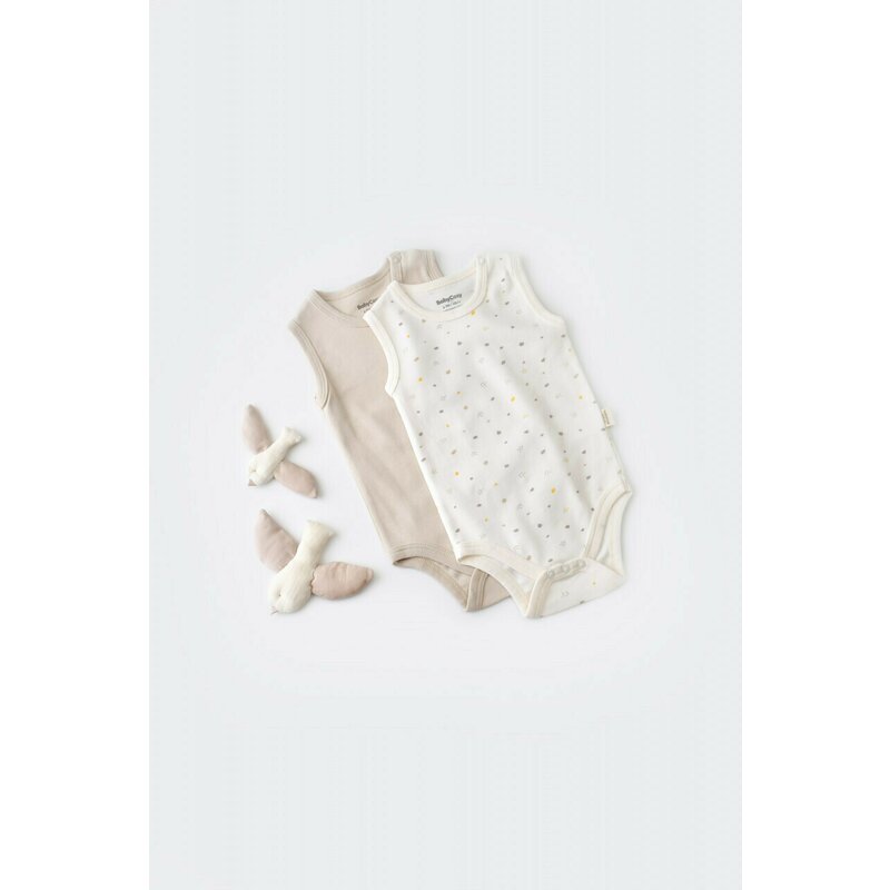 Babycosy - Set 2 body-uri fara maneci bebe unisex -100% bumbac organic - Ecru cu buline, Baby Cosy (Marime: 12-18 Luni)