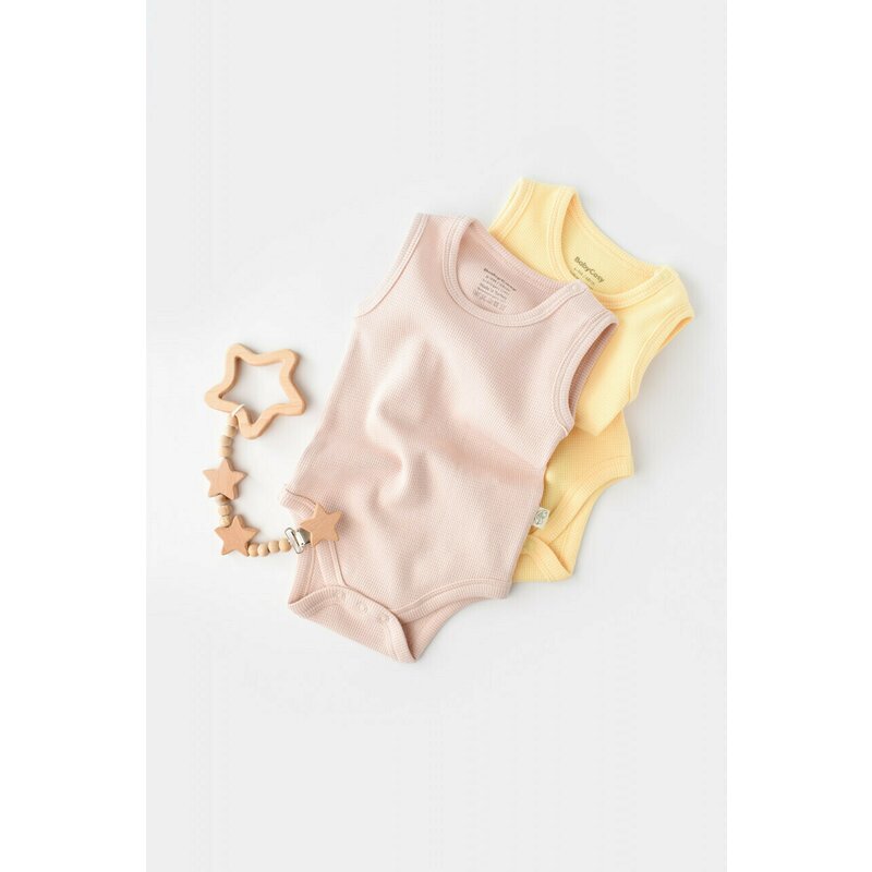 Babycosy - Set 2 body-uri fara maneci bebe unisex -100% bumbac organic - Galben/Roz, Baby Cosy (Marime: 12-18 Luni)