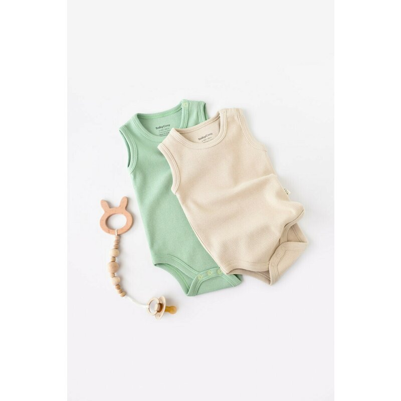 Babycosy - set 2 body-uri fara maneci bebe unisex -100% bumbac organic - mint/stone, baby cosy (marime: 6-9 luni)