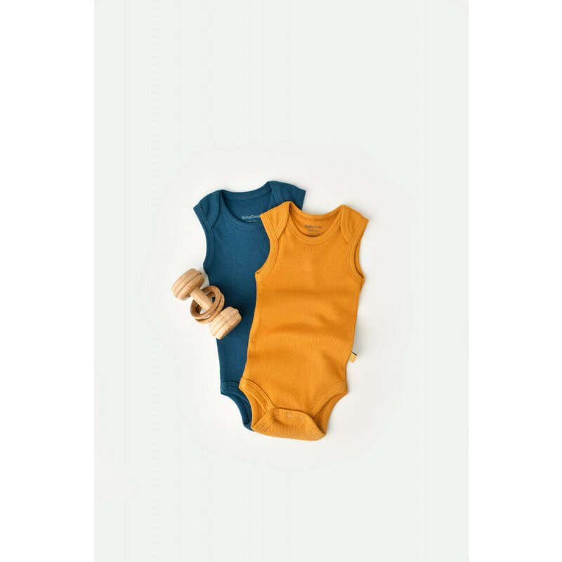 Babycosy - Set 2 body-uri fara maneci bebe unisex din bumbac organic si modal - Bleumarin/Sofran, Baby Cosy (Marime: 3-6 Luni)