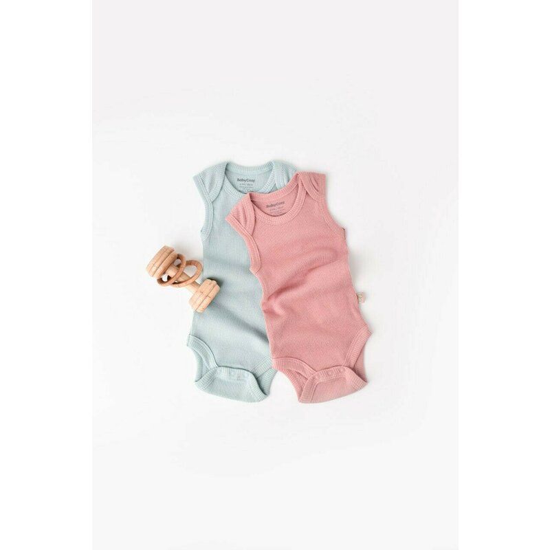 Babycosy - Set 2 body-uri fara maneci bebe unisex din bumbac organic si modal - Mint/Rose, Baby Cosy (Marime: 12-18 Luni)