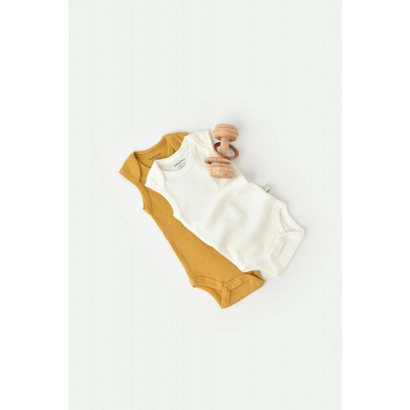 Babycosy - Set 2 body-uri fara maneci bebe unisex din bumbac organic si modal - Mustar/Ecru, Baby Cosy (Marime: 12-18 Luni)