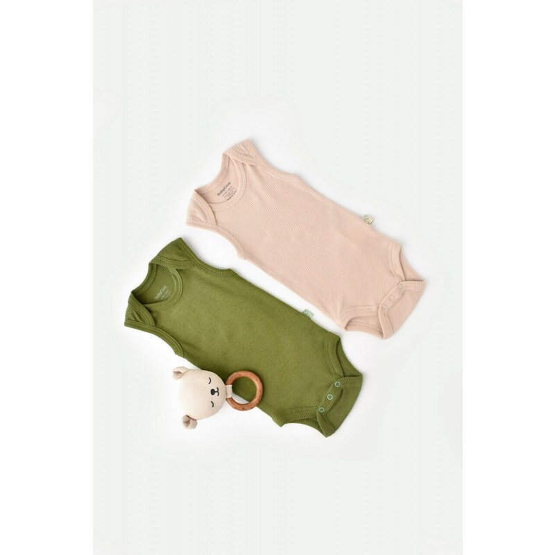 Babycosy - Set 2 body-uri fara maneci bebe unisex din bumbac organic si modal - Verde/Blush, Baby Cosy (Marime: 18-24 Luni)