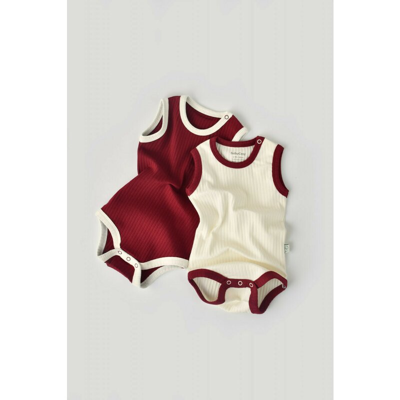 Set 2 body-uri fara maneci Ribana Bebe Unisex din bumbac organic si 5%elastan - Ecru/Bordo (Marime: 18-24 Luni)