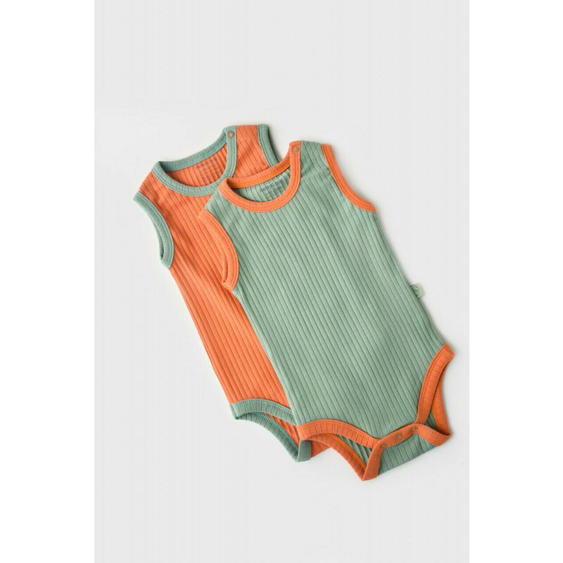 Set 2 body-uri fara maneci ribana bebe unisex din bumbac organic si 5%elastan - portocaliu/verde (marime: 6-9 luni)