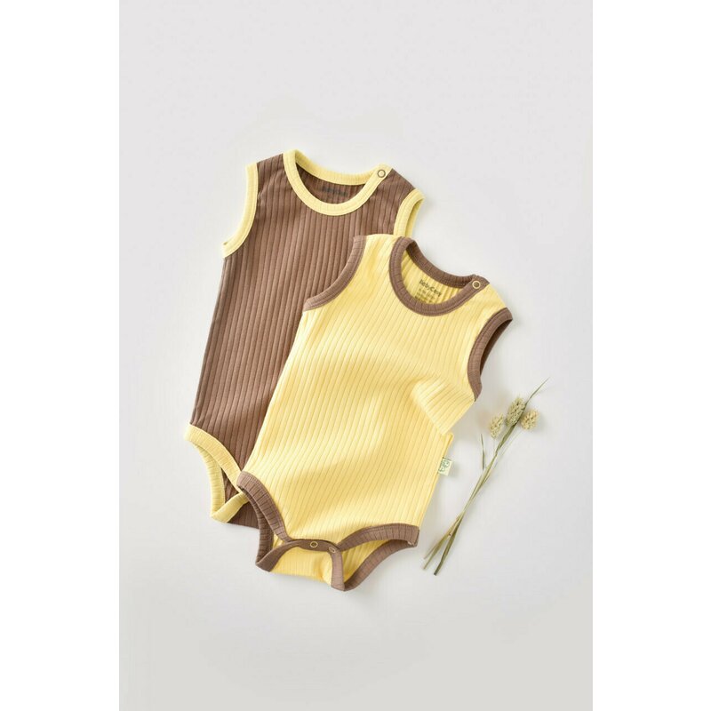Babycosy - Set 2 body-uri fara maneci Ribana Bebe Unisex din bumbac organic si 5%elastan - Vanilie/Maro (Marime: 3-6 Luni)