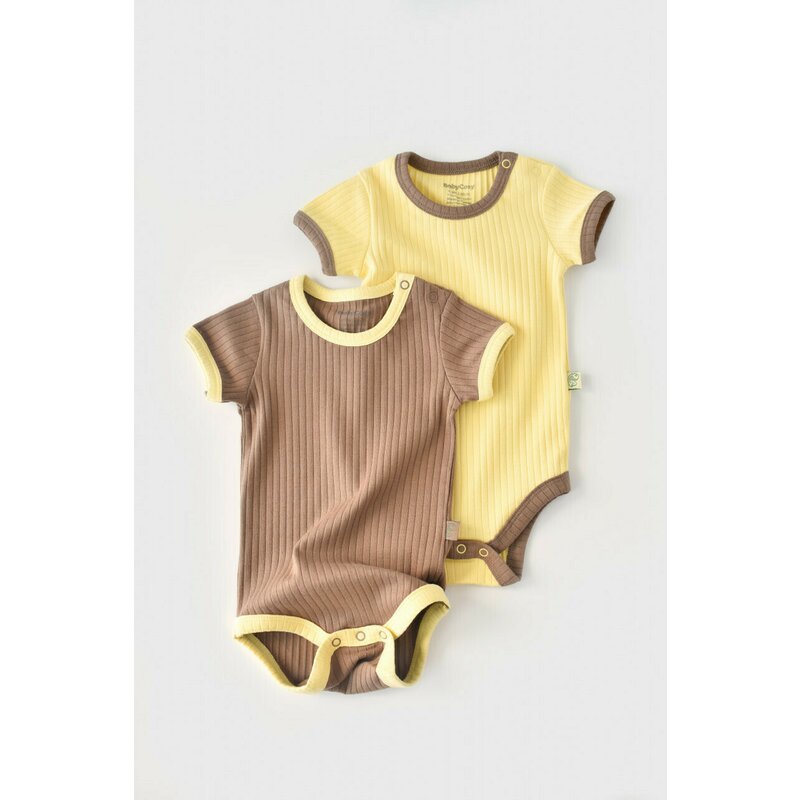 Babycosy - Set 2 body-uri Ribana Bebe Unisex din bumbac organic si 5%elastan - Vanilie/Maro (Marime: 9-12 luni)