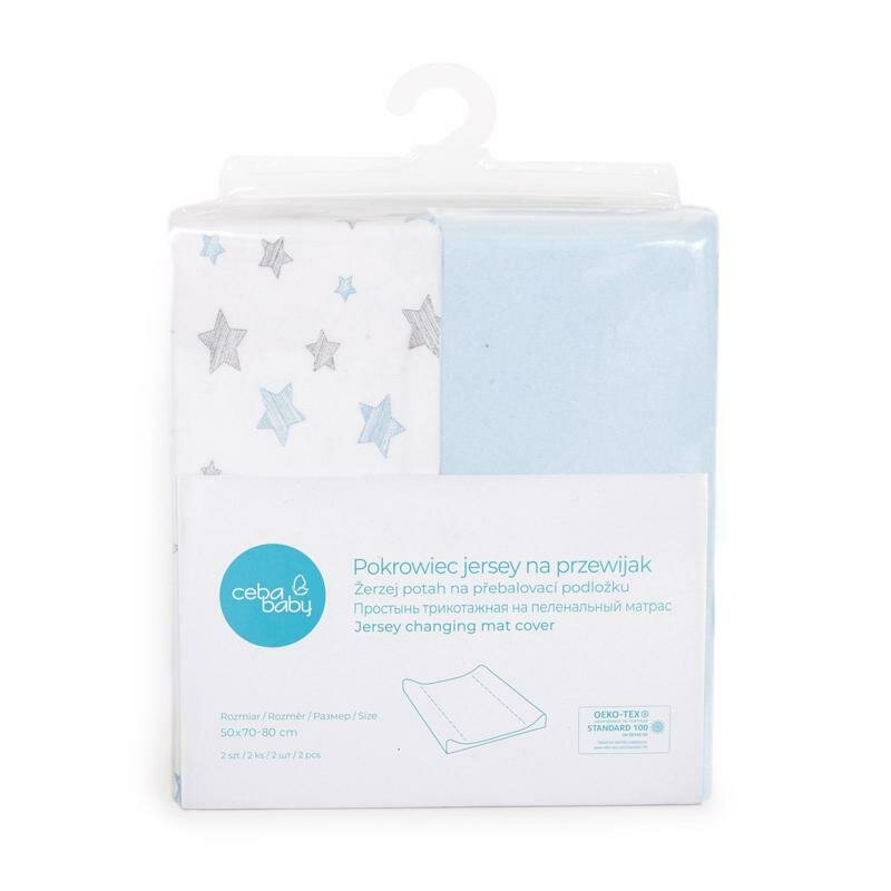 Set 2 huse, Ceba Baby, Pentru saltea de infasat, 50x70 cm, Certificat Oeko-Tex Standard 100, Bumbac, Blue/Blue Stars