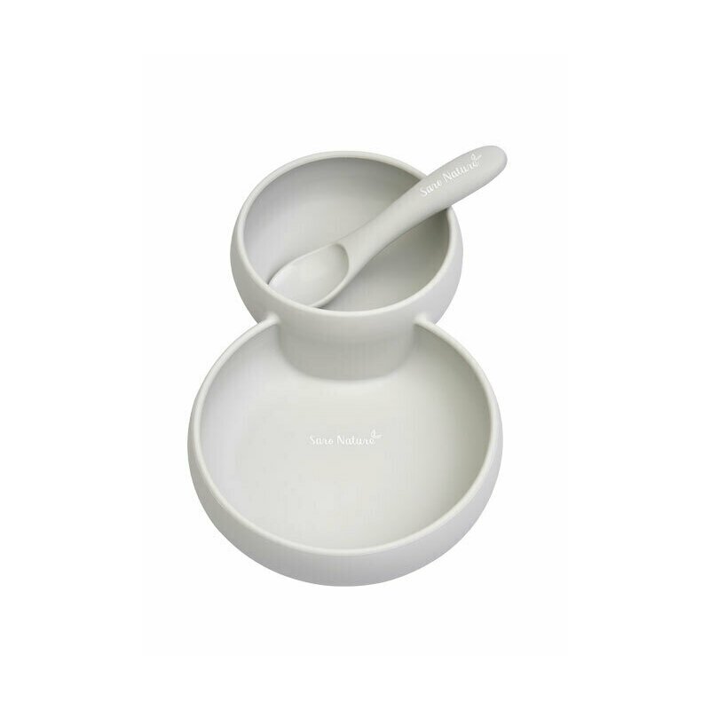 Saro baby - farfurie twin 2 in 1, cu bol si lingurita din silicon, gri