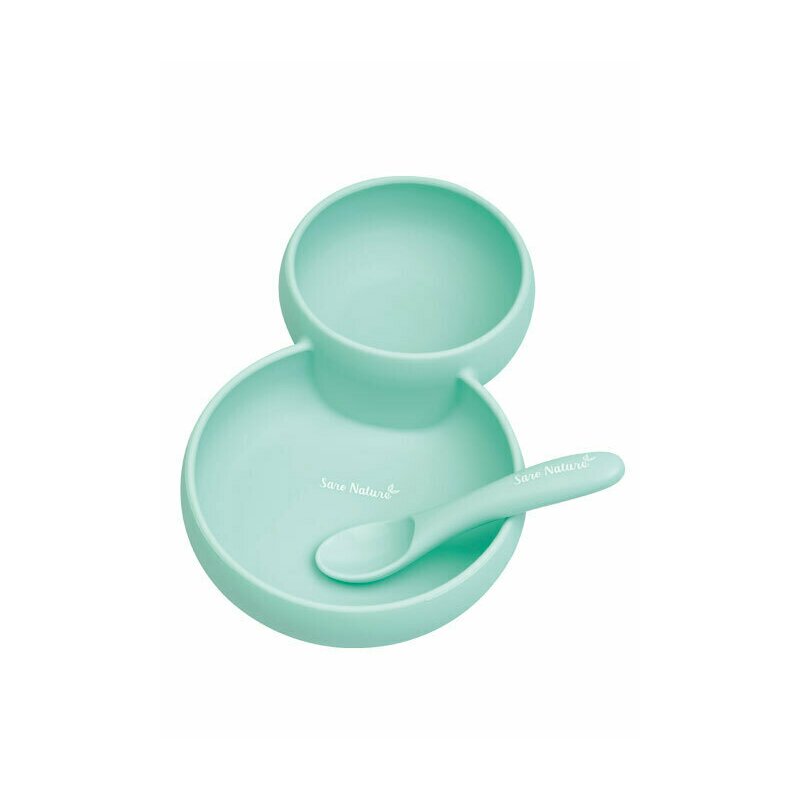 Saro baby - farfurie twin 2 in 1, cu bol si lingurita din silicon, mint