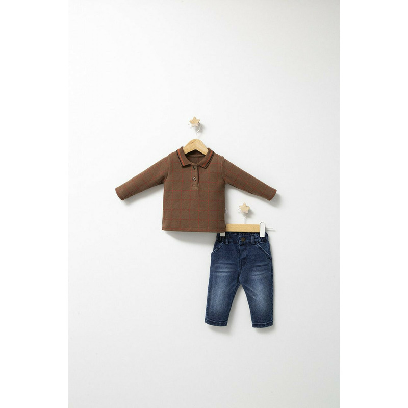 Set 2 piese cu bluzita si pantaloni de blugi forest pentru baietei, tongs baby (culoare: maro, marime: 6-9 luni)