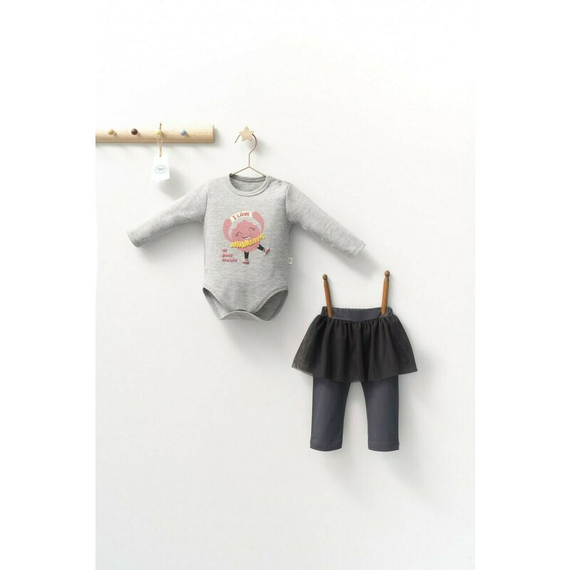 Tongs baby - Set 2 piese cu body si pantalonasi cu tulle pentru fetite Monster, (Culoare: Gri, Marime: 6-9 luni)