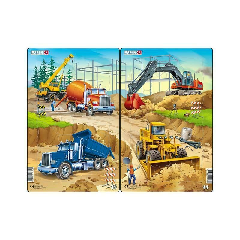 Larsen - set 2 puzzle midi constructii ii camion macara betoniera si excavator buldozer orientare tip portret 20 piese