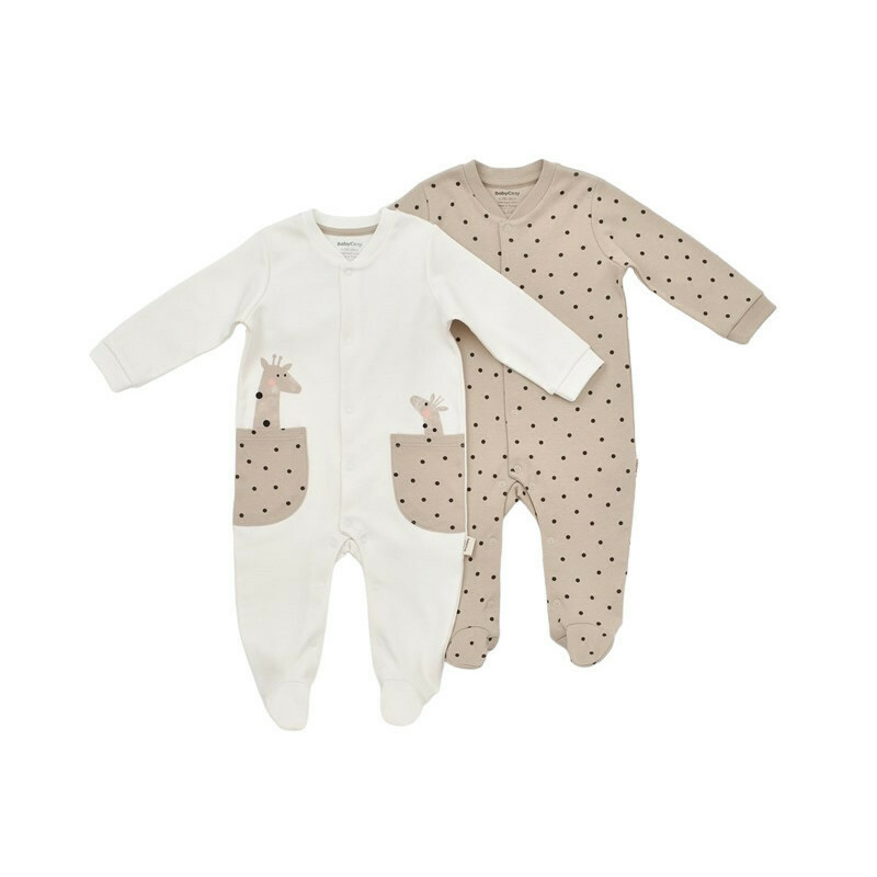 Set 2 salopete cu buzunare Girafa, Baby Cosy, 100% bumbac organic (Marime: 0-3 Luni)