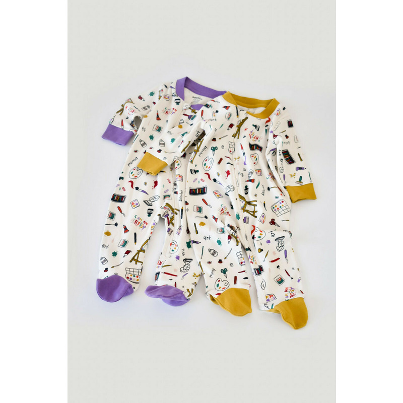 Set 2 salopetele cu maneca lunga si panataloni cu botosei si fermoar - 100%bumbac organic - galben si mov, baby cosy (marime: 6-9 luni)