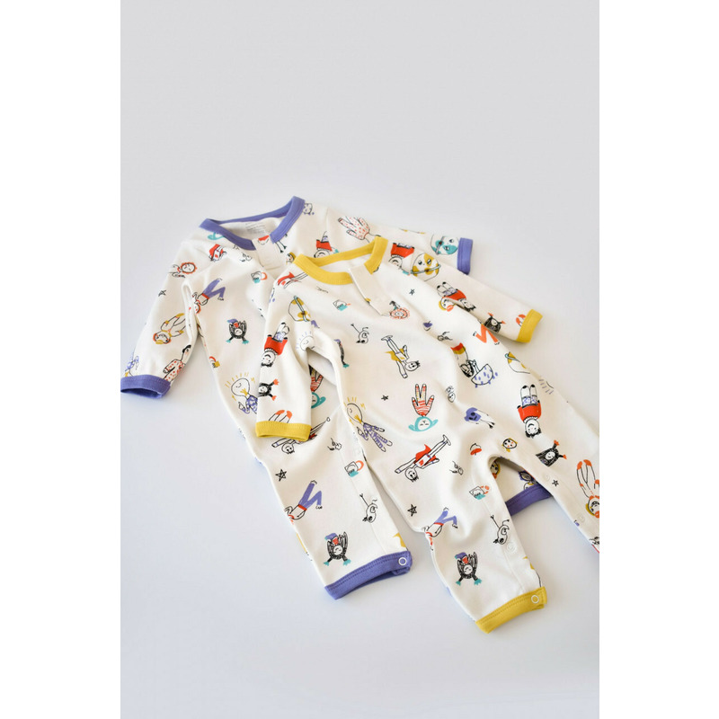 Set 2 salopetele cu maneca lunga si panataloni lungi - 100%bumbac organic - Galben si Mov, Baby Cosy (Marime: 18-24 Luni)