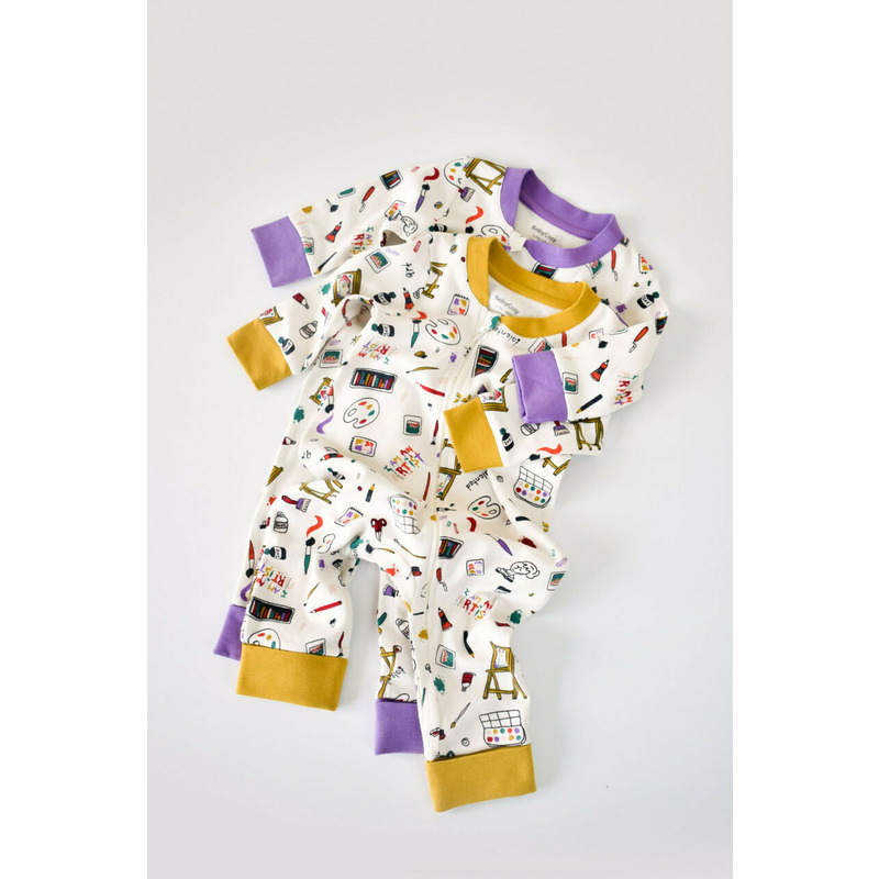 Set 2 salopetele cu maneca lunga si panataloni lungi cu fermoar - 100%bumbac organic - galben si mov, baby cosy (marime: 18-24 luni)