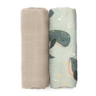 Set 2 scutece, Petite&Mars, Misty, Din muselina de bambus, Hipoalergenice, Dimensiuni mari, 120 x 120 cm, Certificate Oeko Tex Standard 100, Whale Song